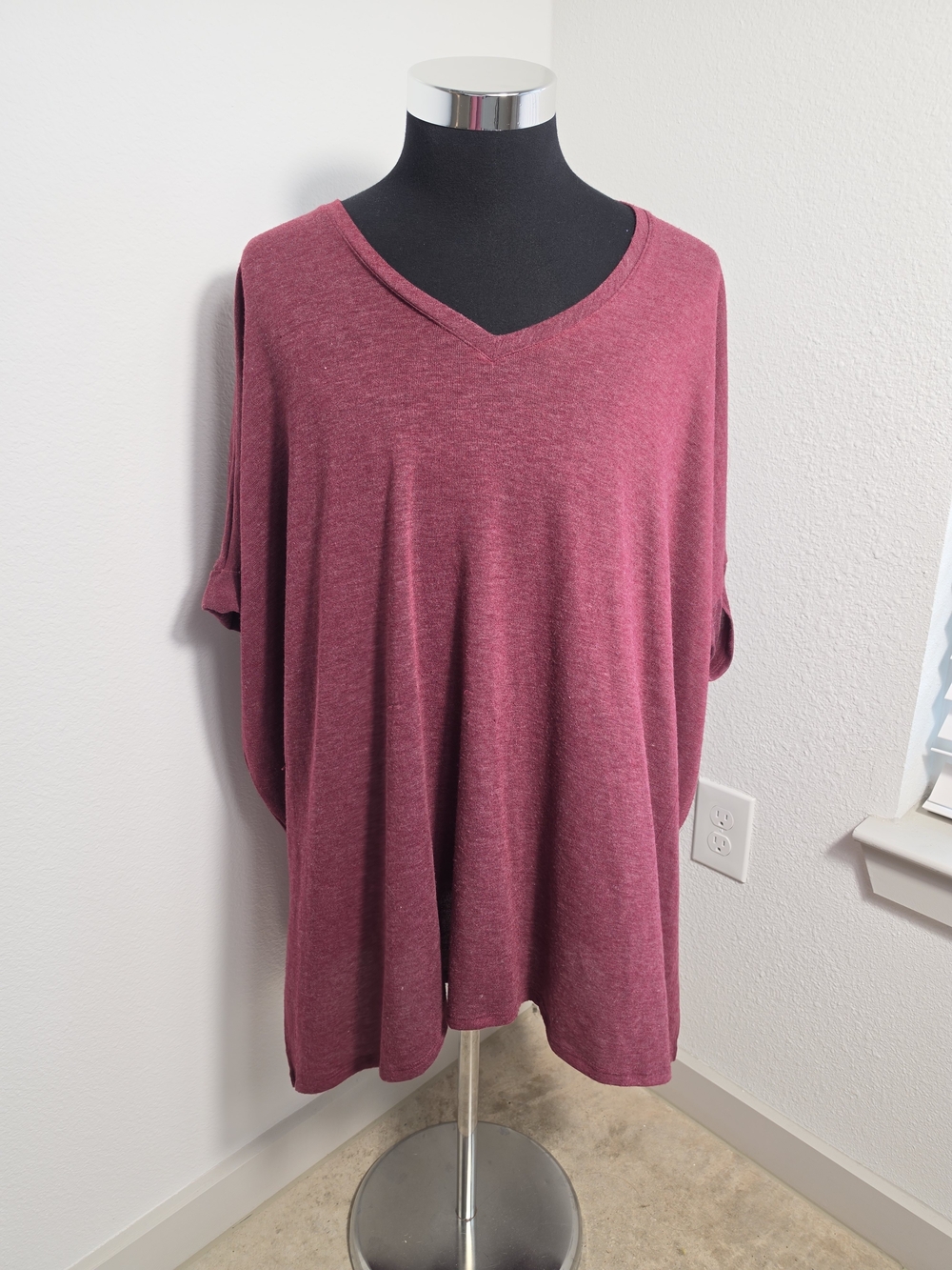 Chico's Burgundy Heathered V-Neck Dolman Sleeve Knit Top Tunic XL/XXL (Size 3/4)